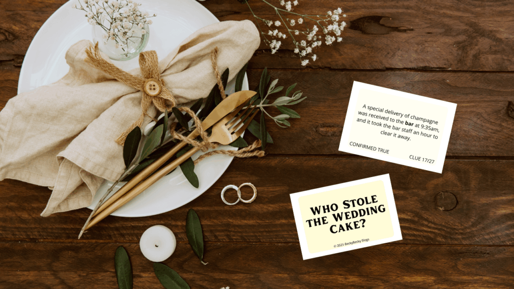 Mystery at the Wedding cards on place setting