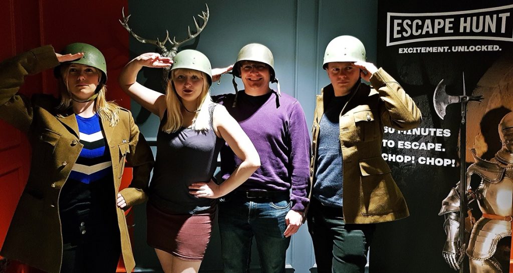 Taking a success photo wearing army gear