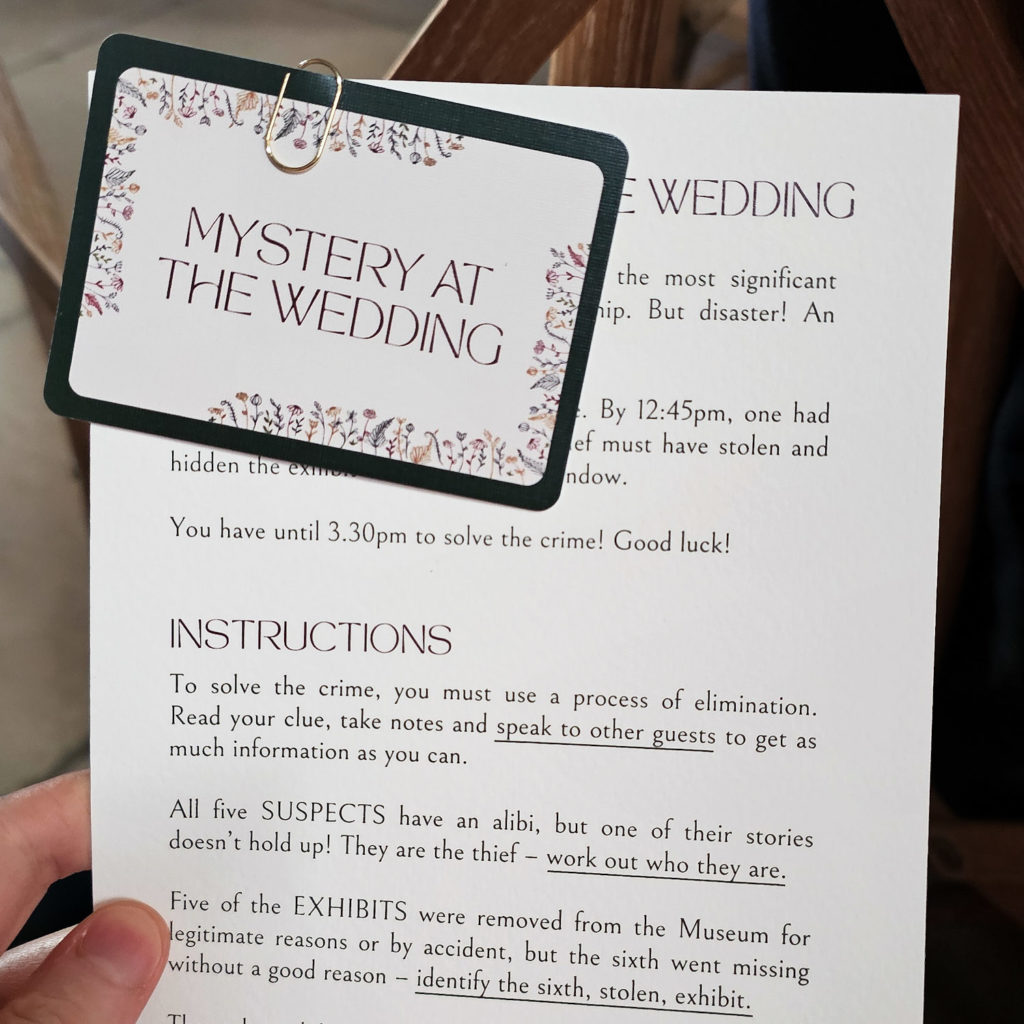 Mystery at the Wedding clue card and answer sheet