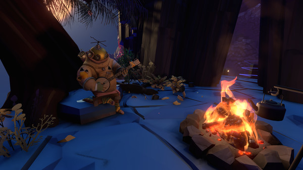 An alien creature playing an instrument next to a campfire