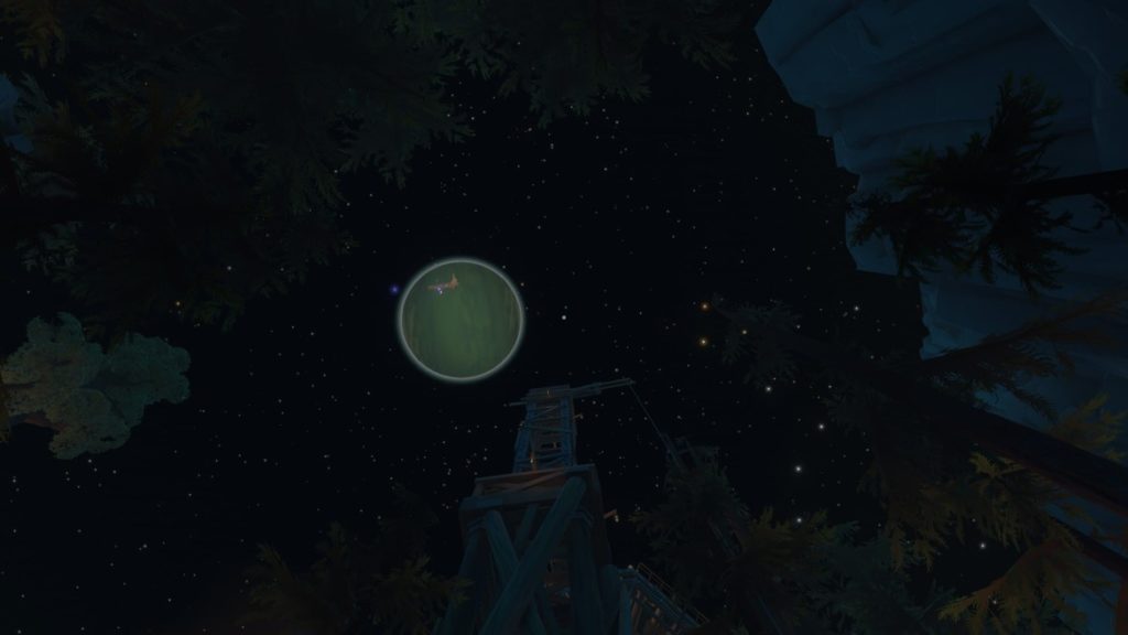 Looking up at the sky with a planet in view and some sort of space ship in front of it