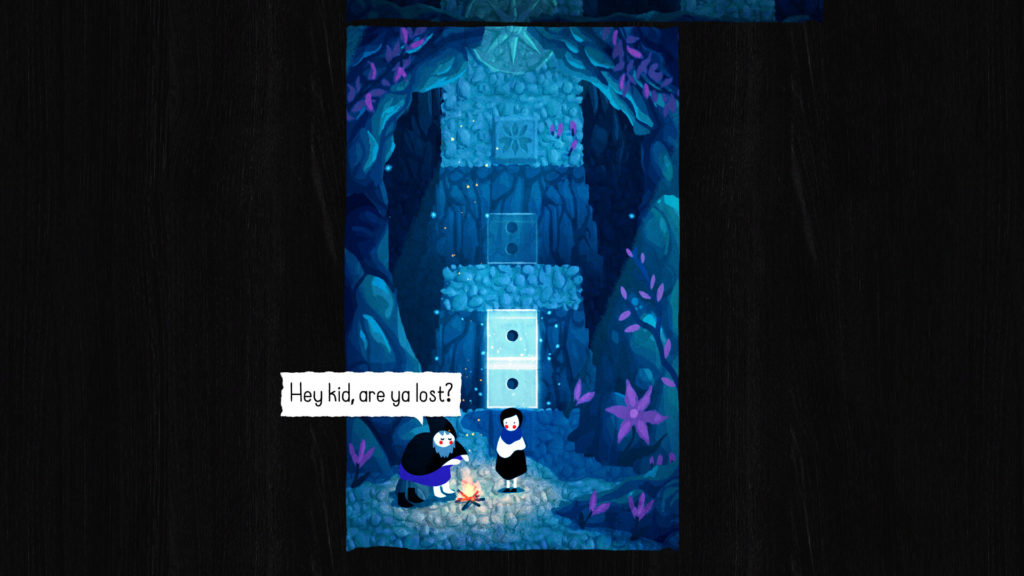 Game screenshot featuring a bearded man saying "Hey kid, are ya lost?" to a girl in a blue scarf