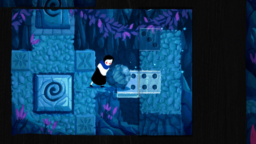 Game screenshot showing a girl pushing a boulder over a bridge