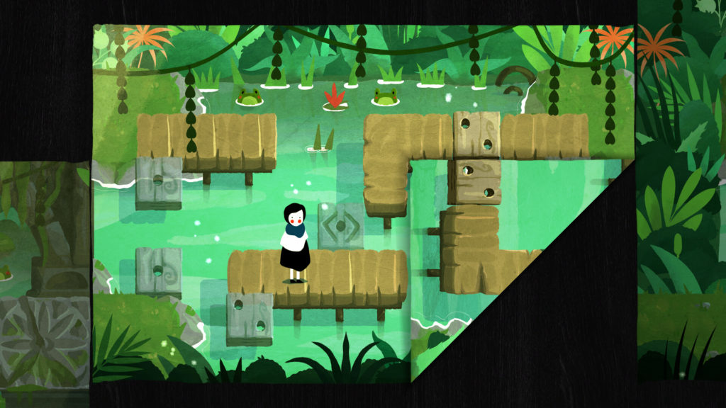 Game screenshot showing a girl in a blue scar standing on a bridge over water. Part of the "page" is folded over.