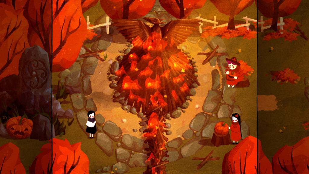 Game screenshot of a burning bird-shaped bonfire, with a girl in a blue scarf and two other women stood nearby