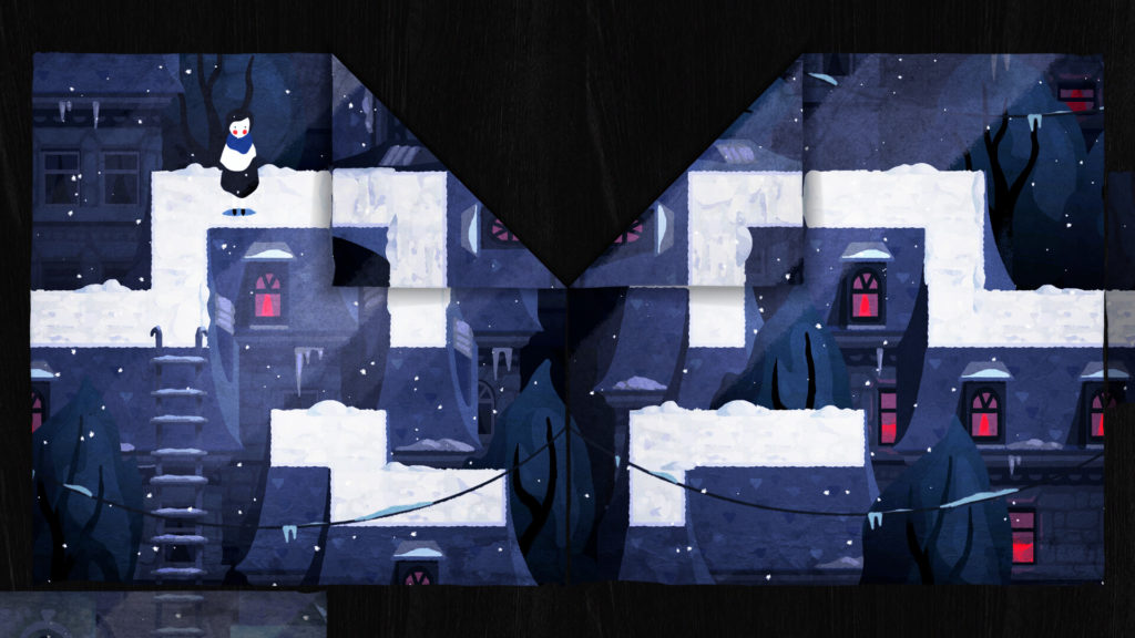 Game screenshot featuring a girl in a blue scarf and two folded down corners of a page, mirroring each other