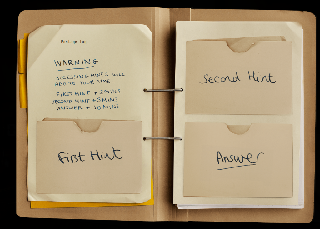 A hints webpage, with three envelope style buttons labelled "First Hint", "Second Hint" and "Answer"
